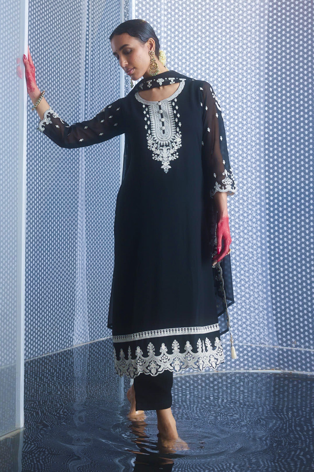 Black Chikankari Straight Kurta 3 Pcs Set