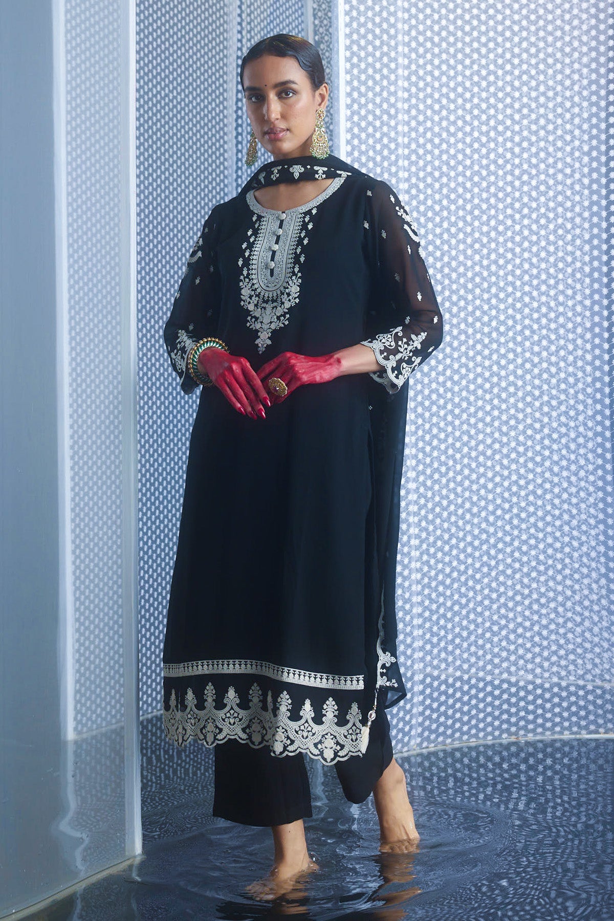 Black Chikankari Straight Kurta 3 Pcs Set