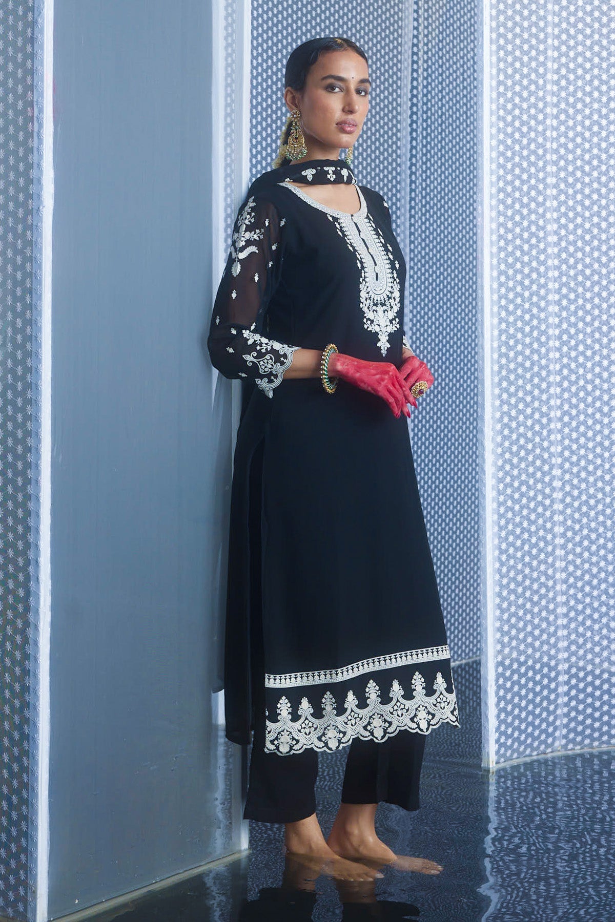 Black Chikankari Straight Kurta 3 Pcs Set