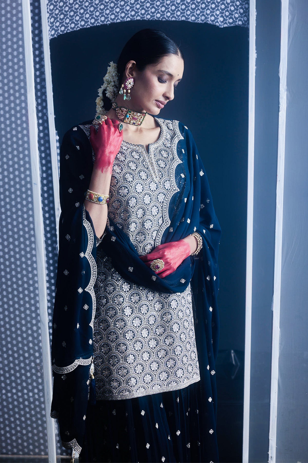 Blue Embroidered Short Kurta 3 Pcs Set