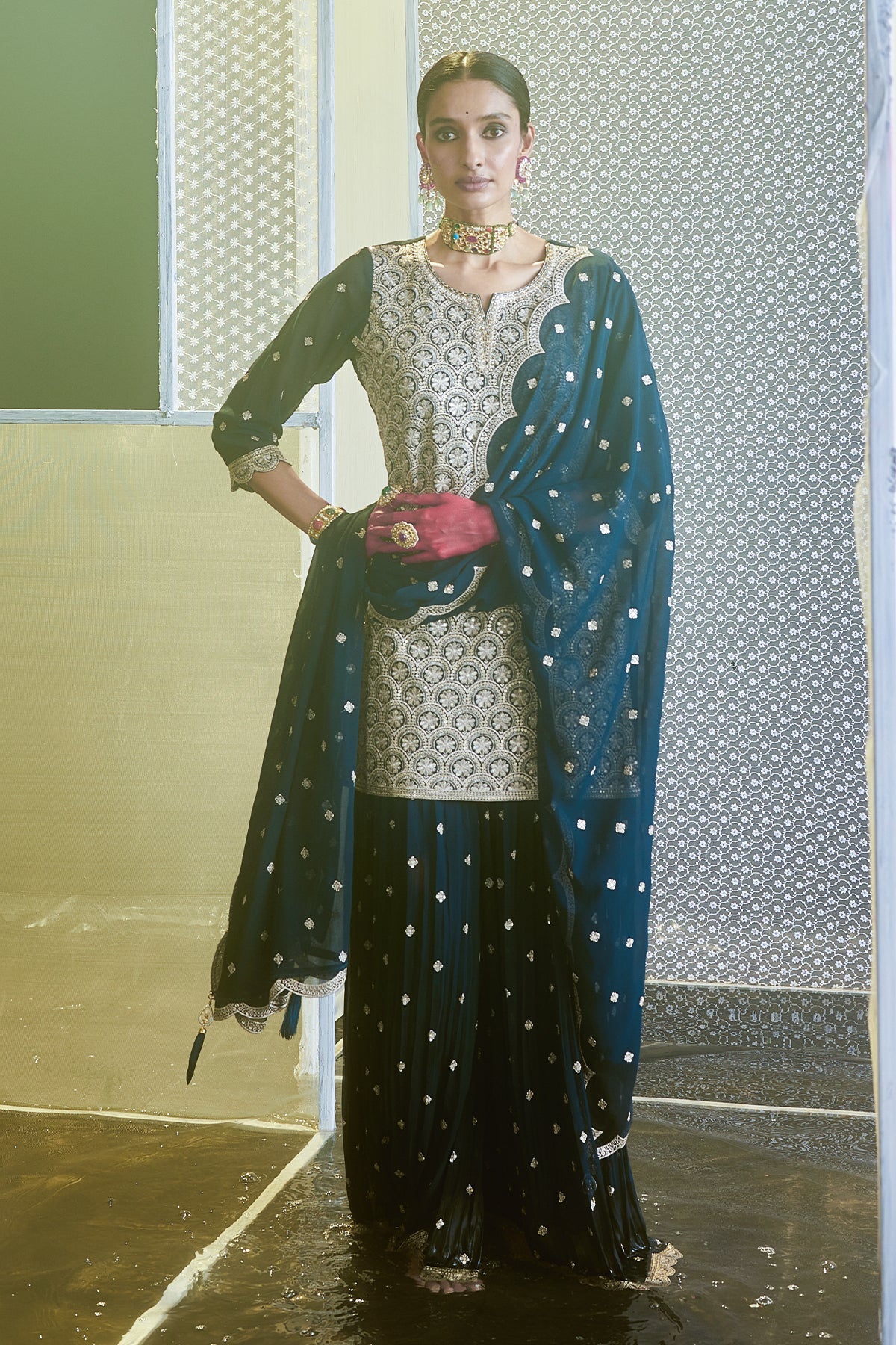 Blue Embroidered Short Kurta 3 Pcs Set