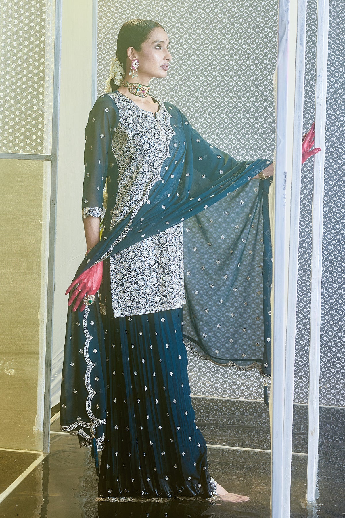 Blue Embroidered Short Kurta 3 Pcs Set