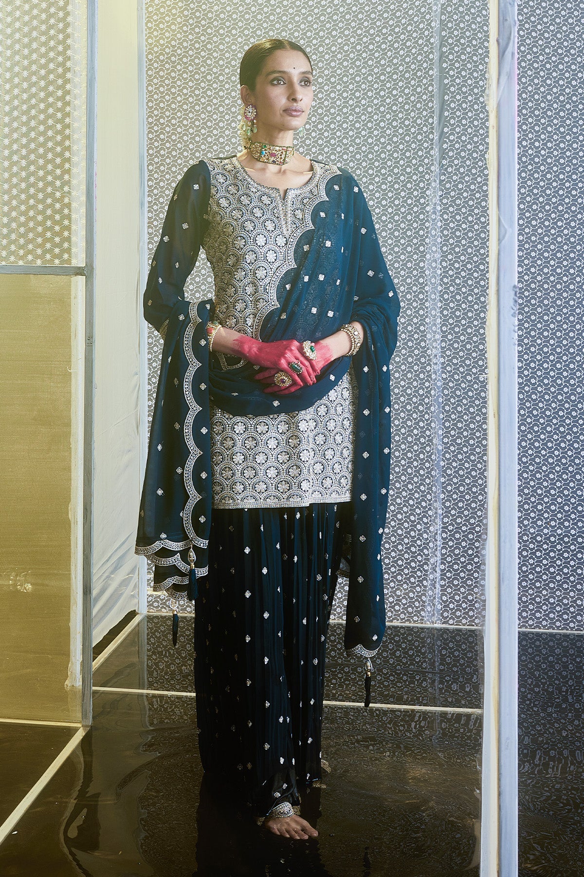 Blue Embroidered Short Kurta 3 Pcs Set