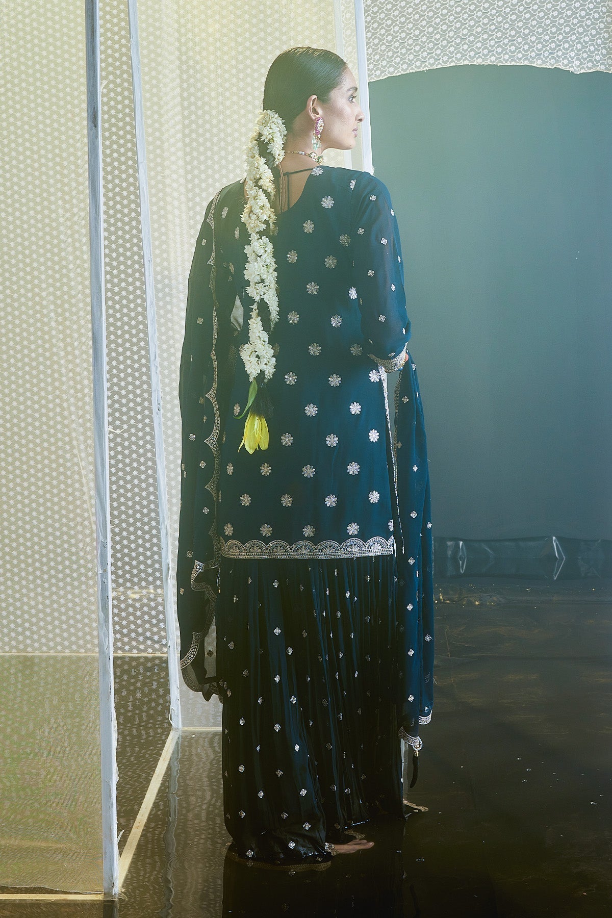 Blue Embroidered Short Kurta 3 Pcs Set