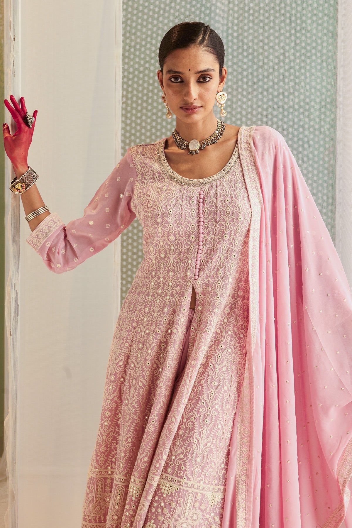 Pink Embroidered Kurta 3 Pcs Set