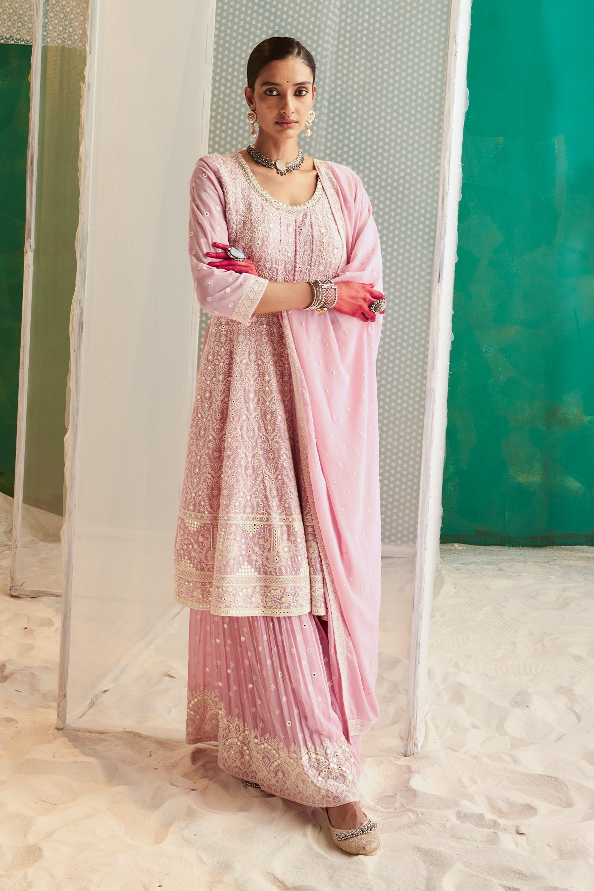 Pink Embroidered Kurta 3 Pcs Set