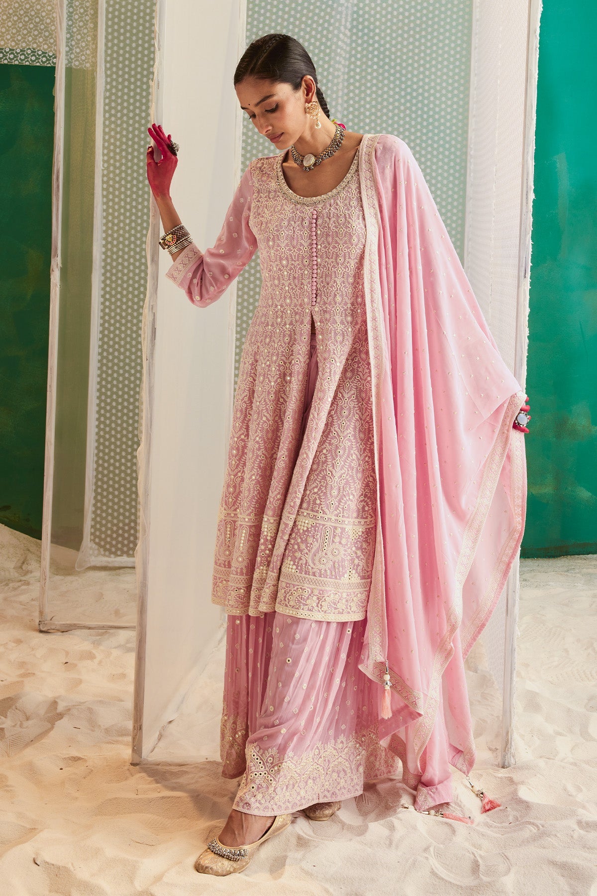 Pink Embroidered Kurta 3 Pcs Set