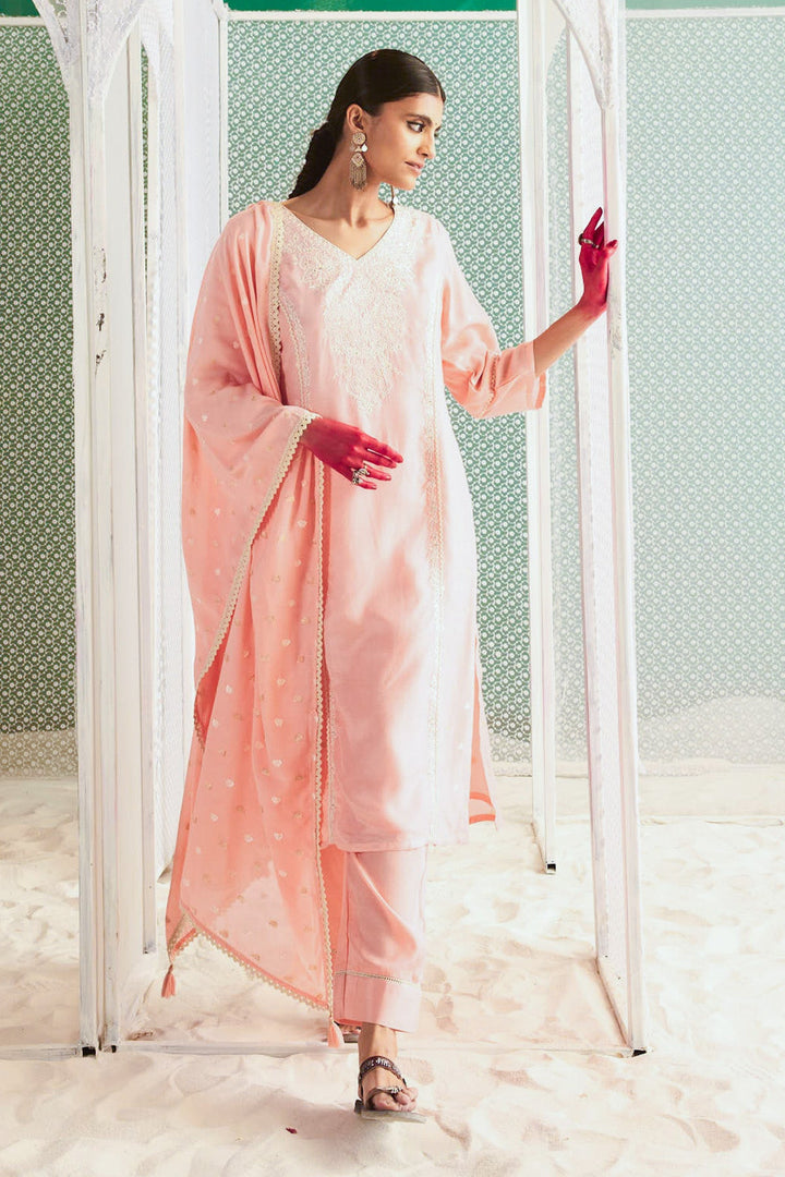 Peach Embroidered Straight Kurta Set