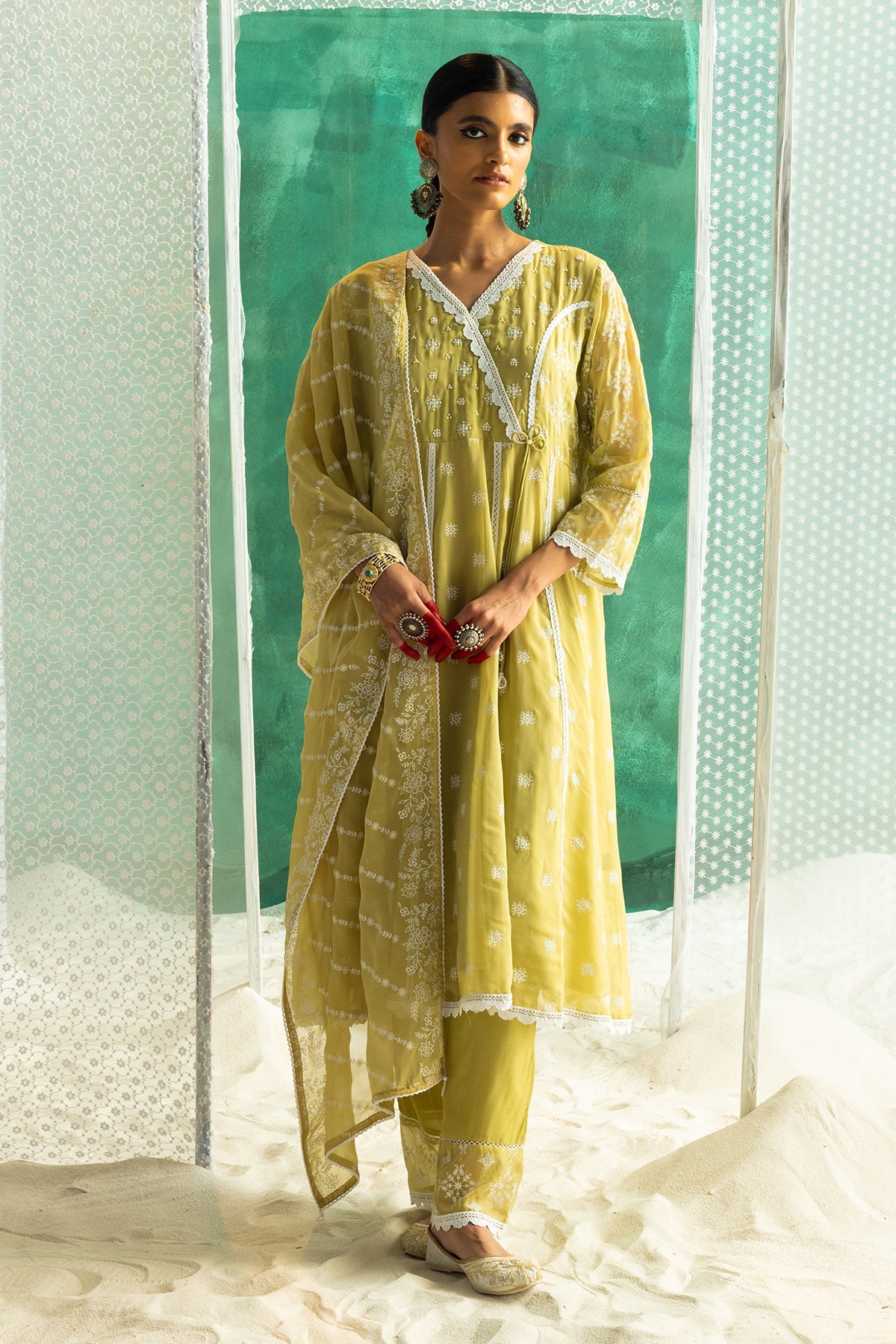 Green Printed Kurta 3 Pcs Set