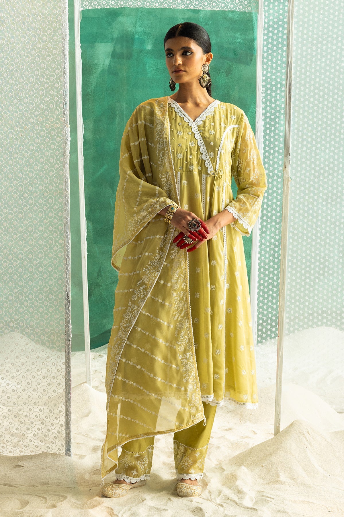 Green Printed Kurta 3 Pcs Set