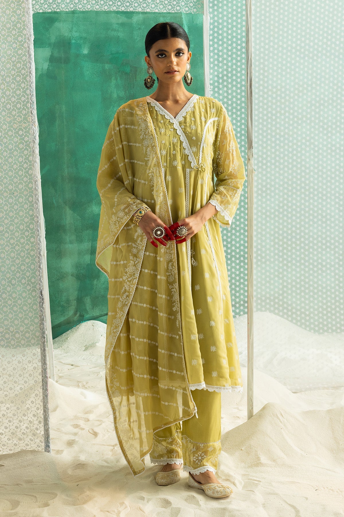 Green Printed Kurta 3 Pcs Set