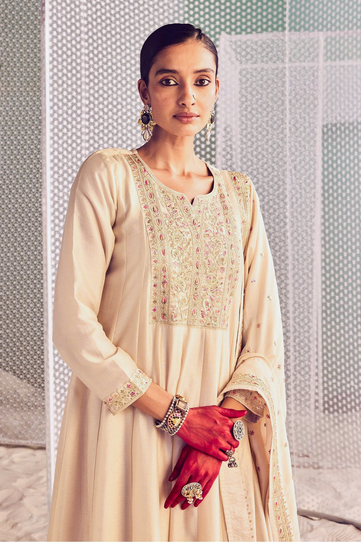 Cream Embroidered Dress with Dupatta