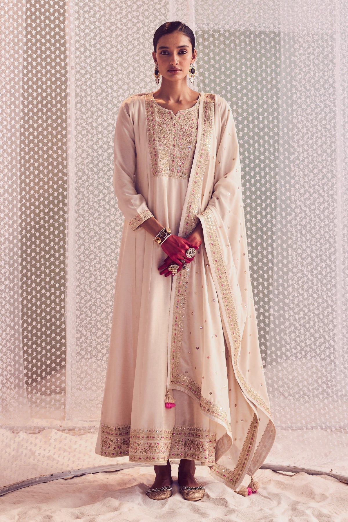 Cream Embroidered Dress with Dupatta