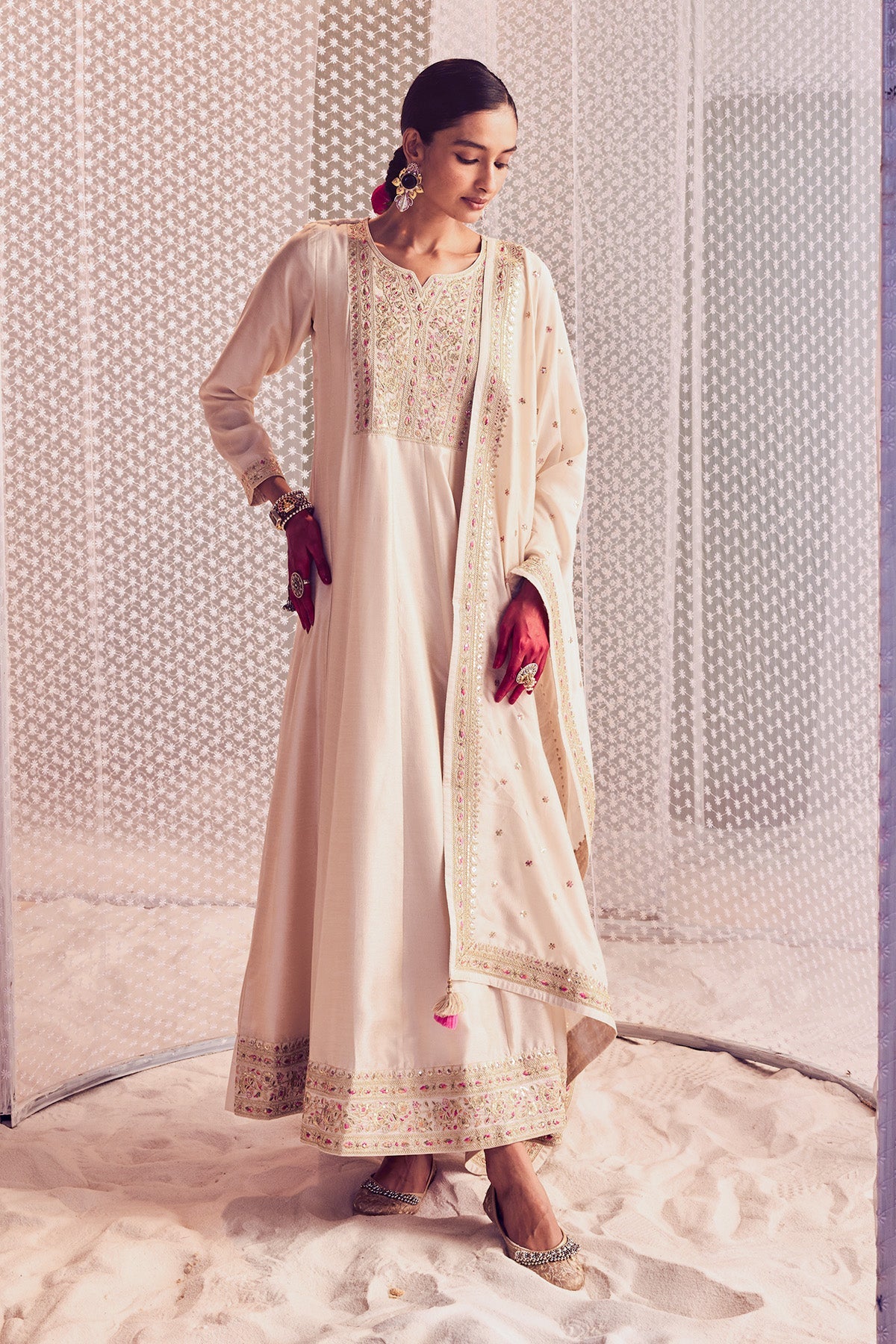 Cream Embroidered Dress with Dupatta