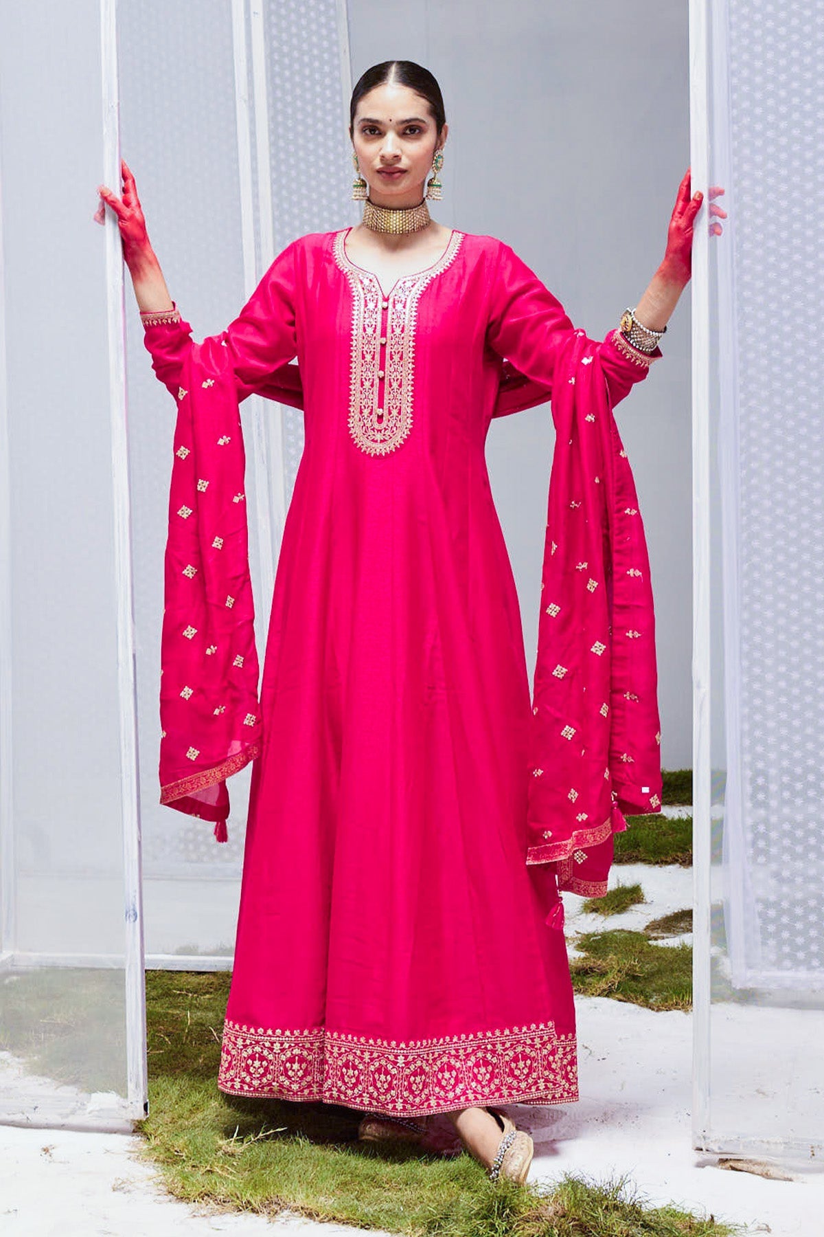 Magenta Embroidered Dress with Dupatta