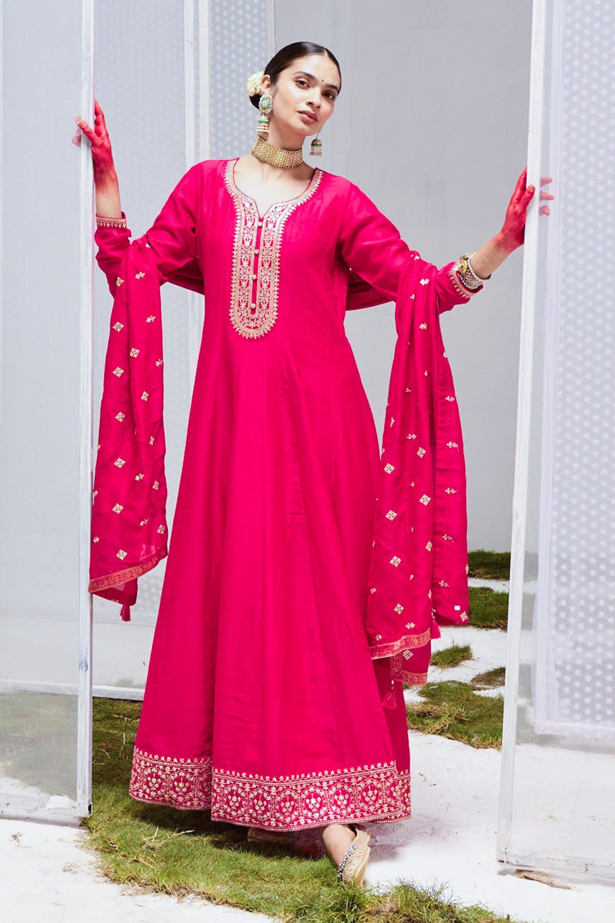 Magenta Embroidered Dress with Dupatta