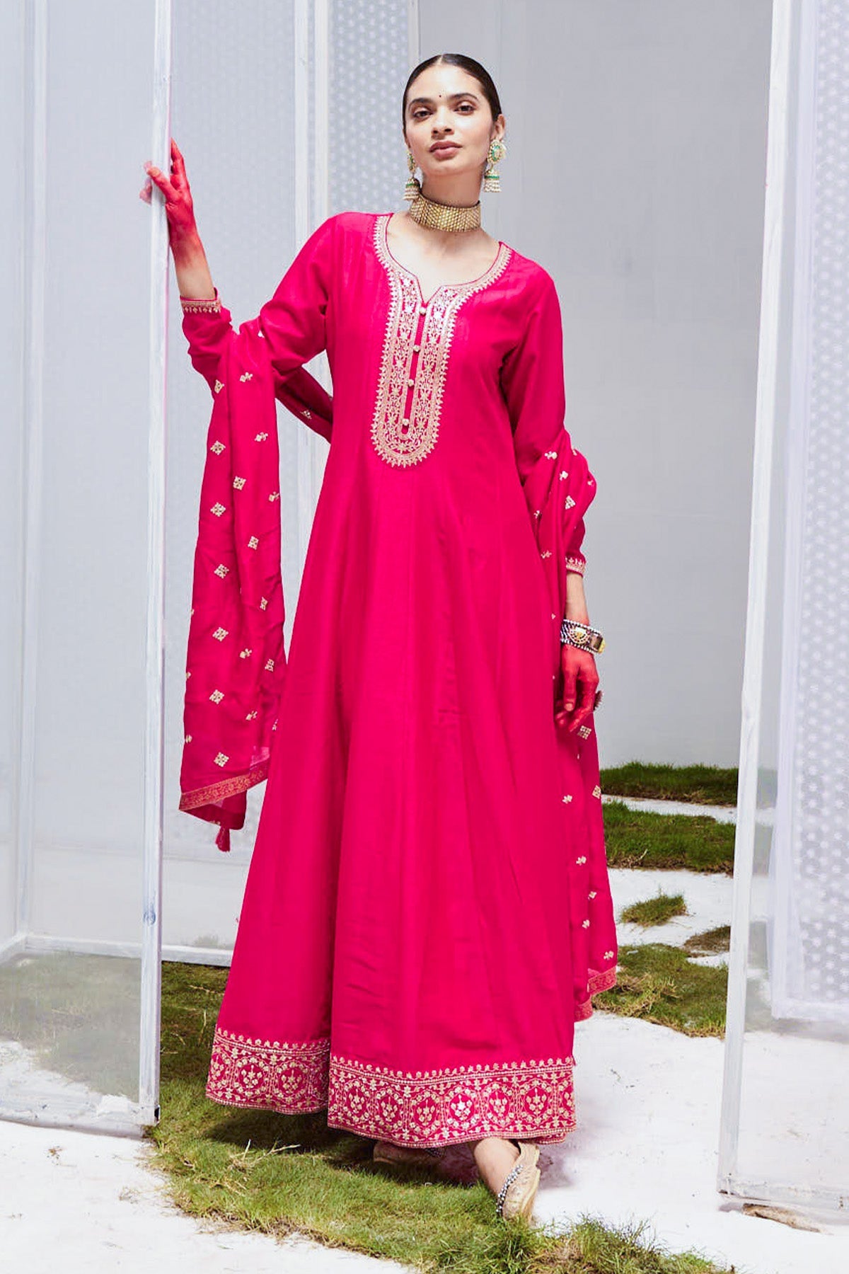 Magenta Embroidered Dress with Dupatta
