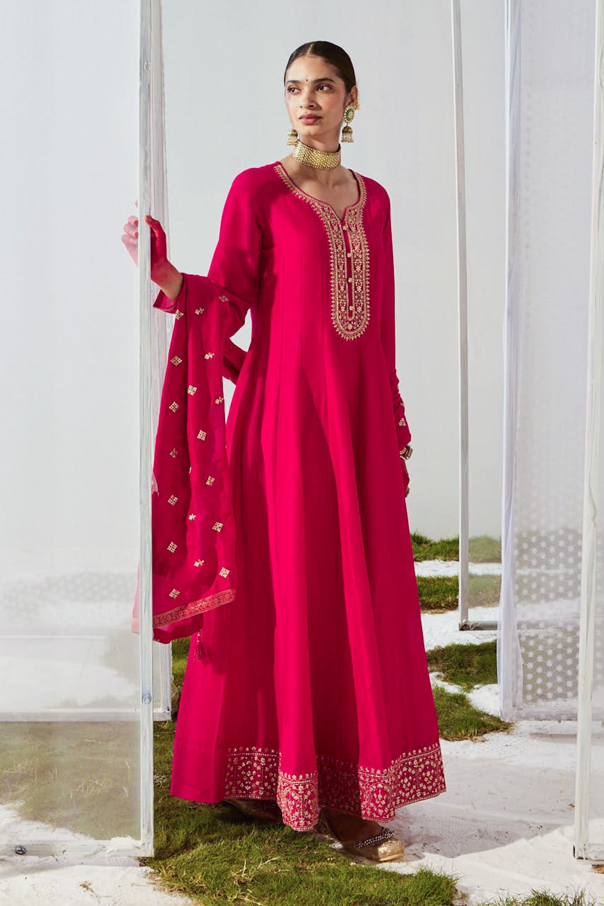 Magenta Embroidered Dress with Dupatta