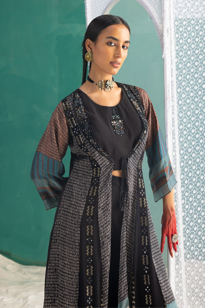 Black Dress with Printed Shrug