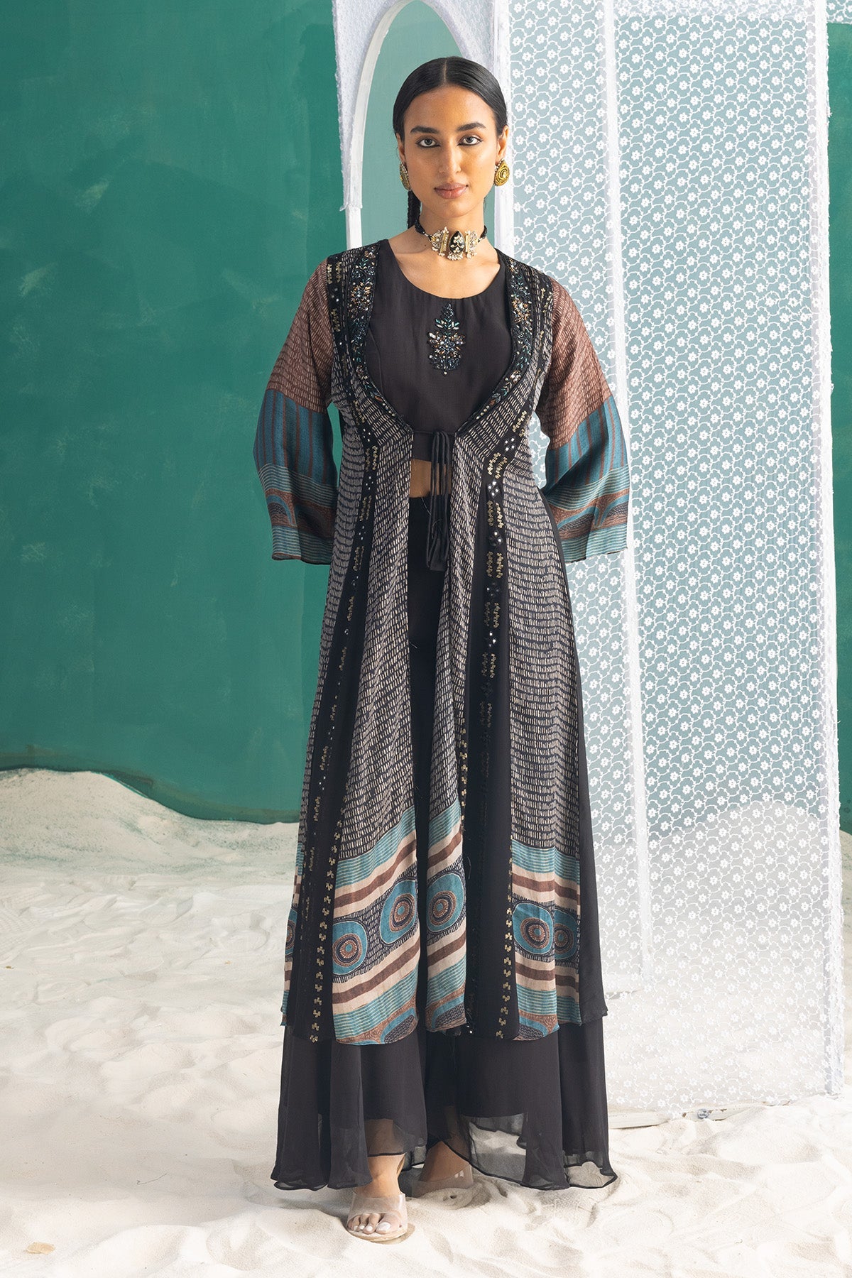 Black Dress with Printed Shrug