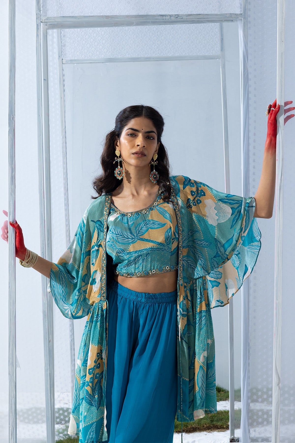 Blue Dress with a Printed Shrug