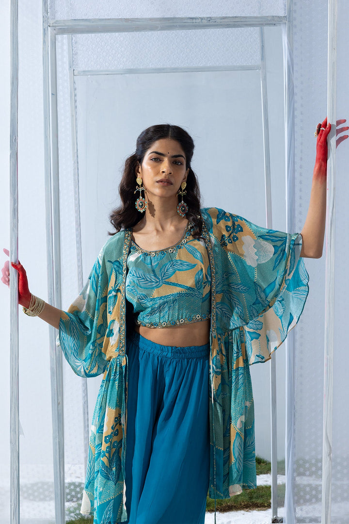 Blue Dress with a Printed Shrug