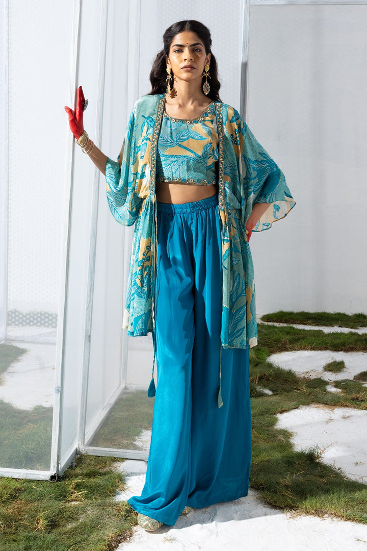 Blue Dress with a Printed Shrug