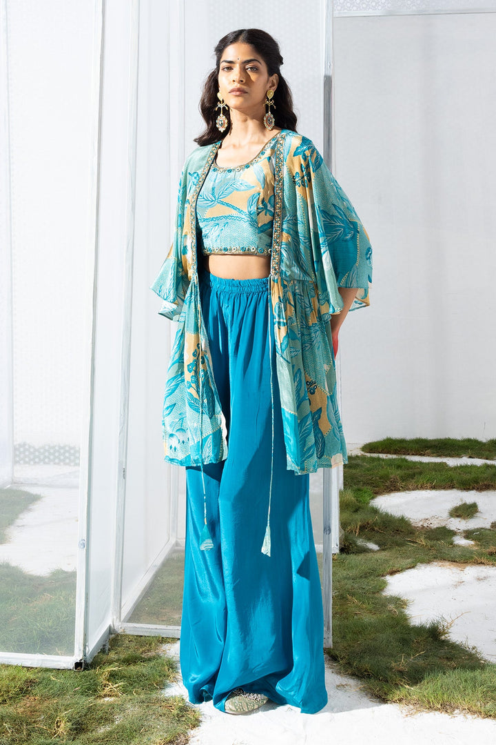 Blue Dress with a Printed Shrug