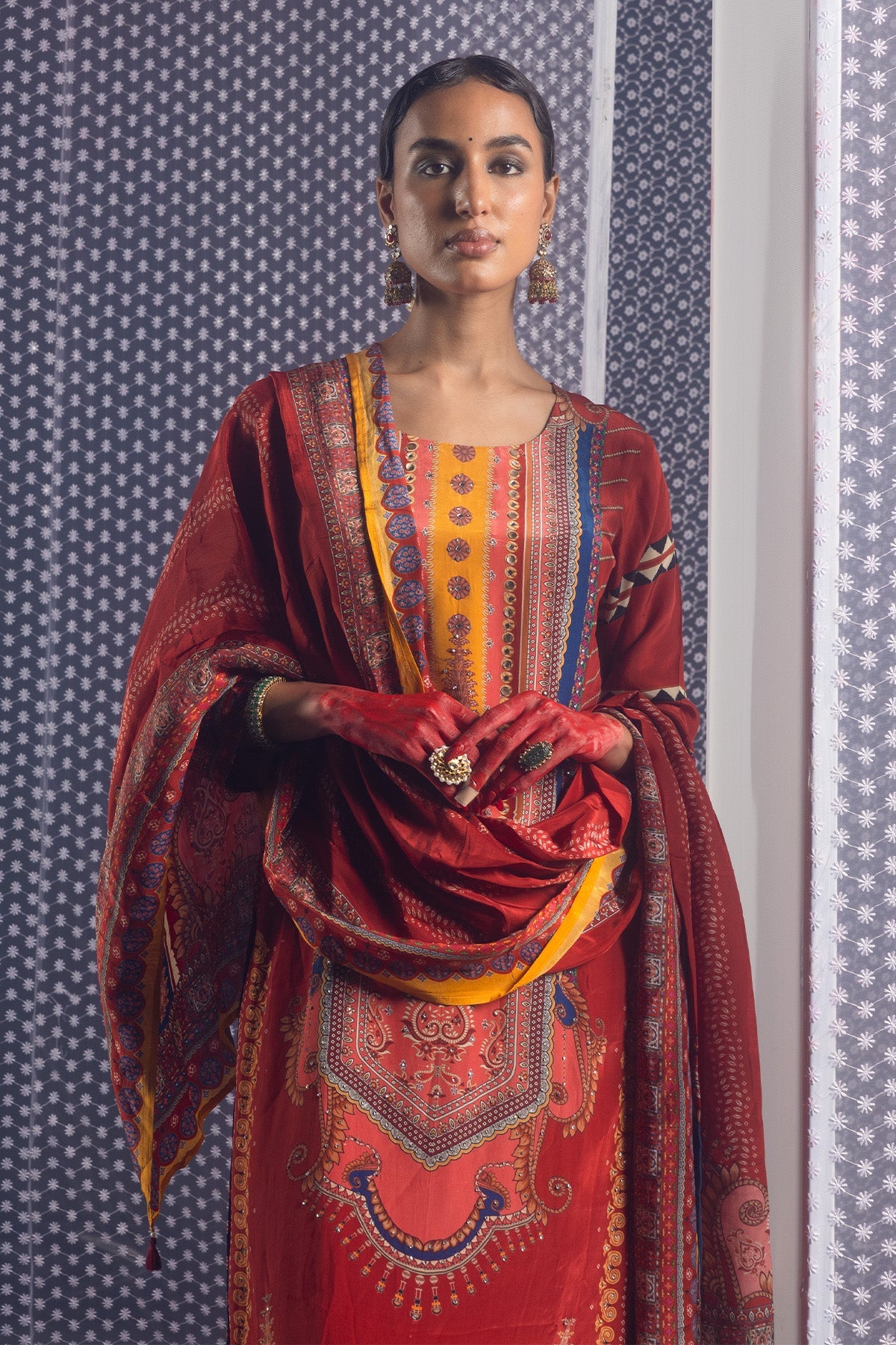 Rust Embellished Straight Kurta Set