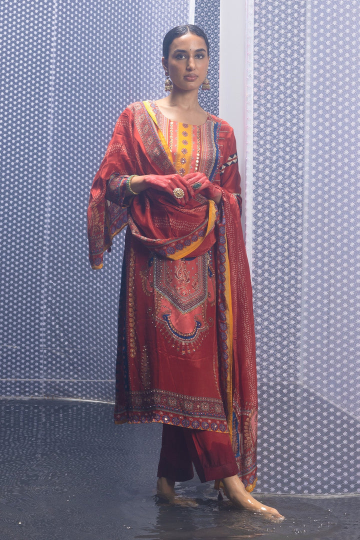 Rust Embellished Straight Kurta Set