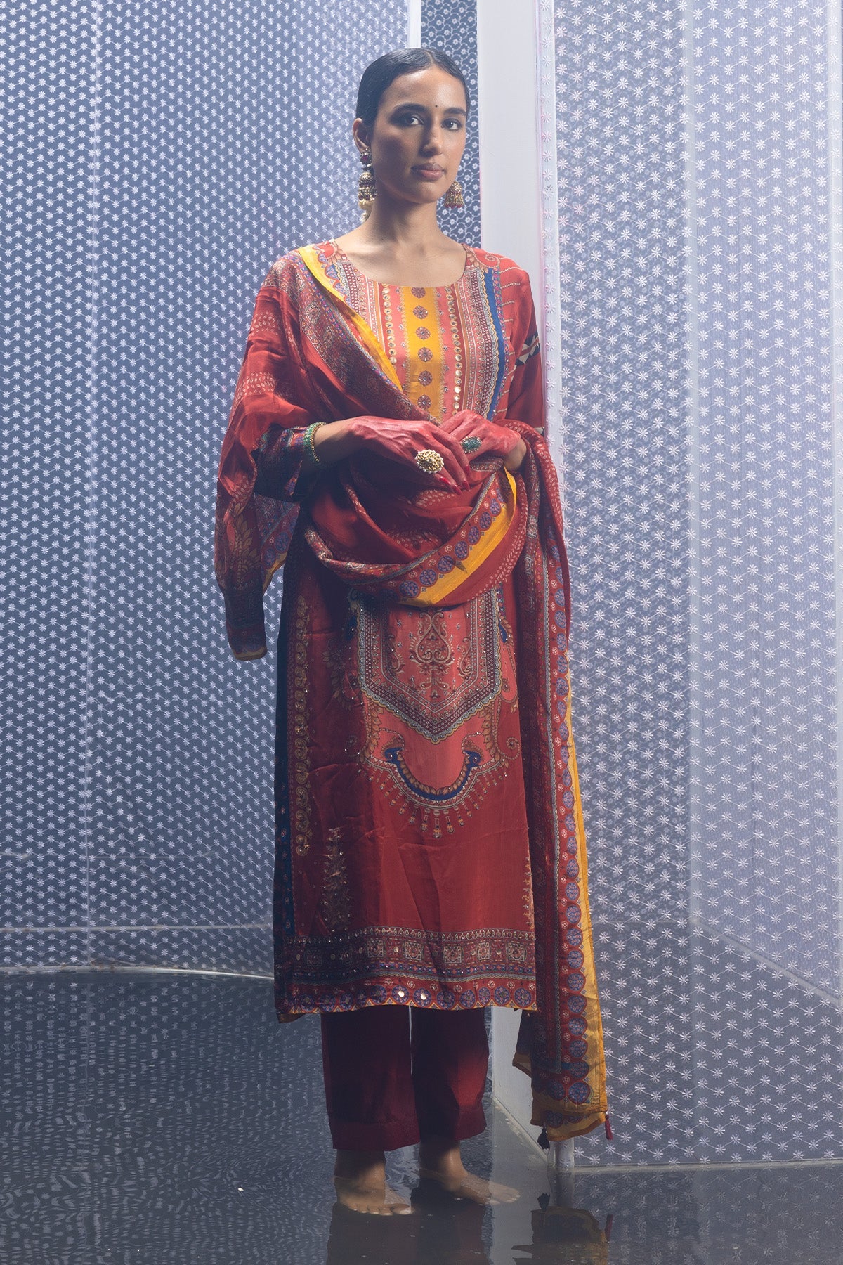 Rust Embellished Straight Kurta Set