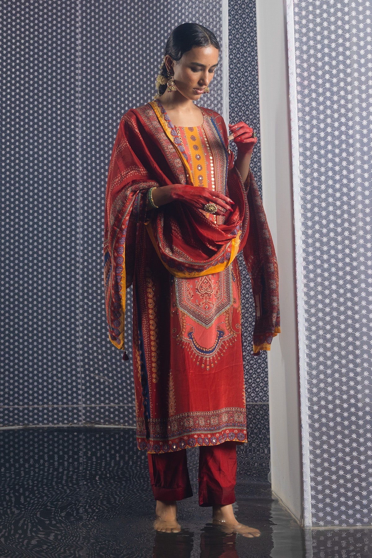 Rust Embellished Straight Kurta Set