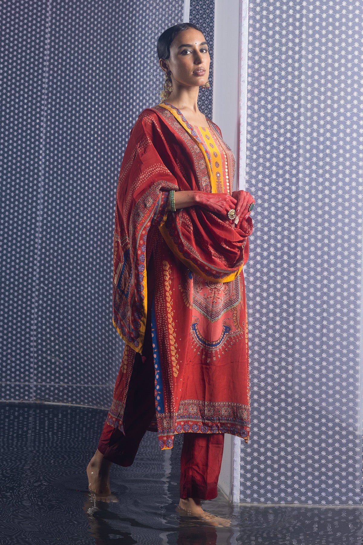 Rust Embellished Straight Kurta Set