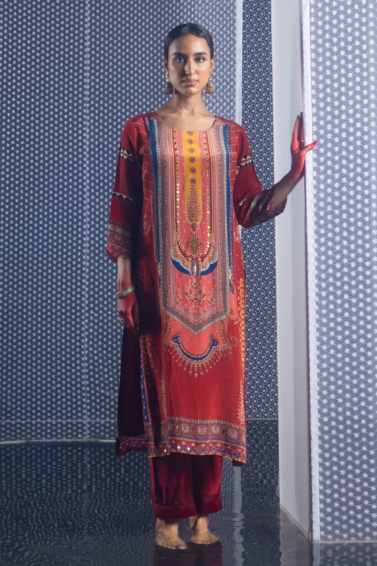 Rust Embellished Straight Kurta Set