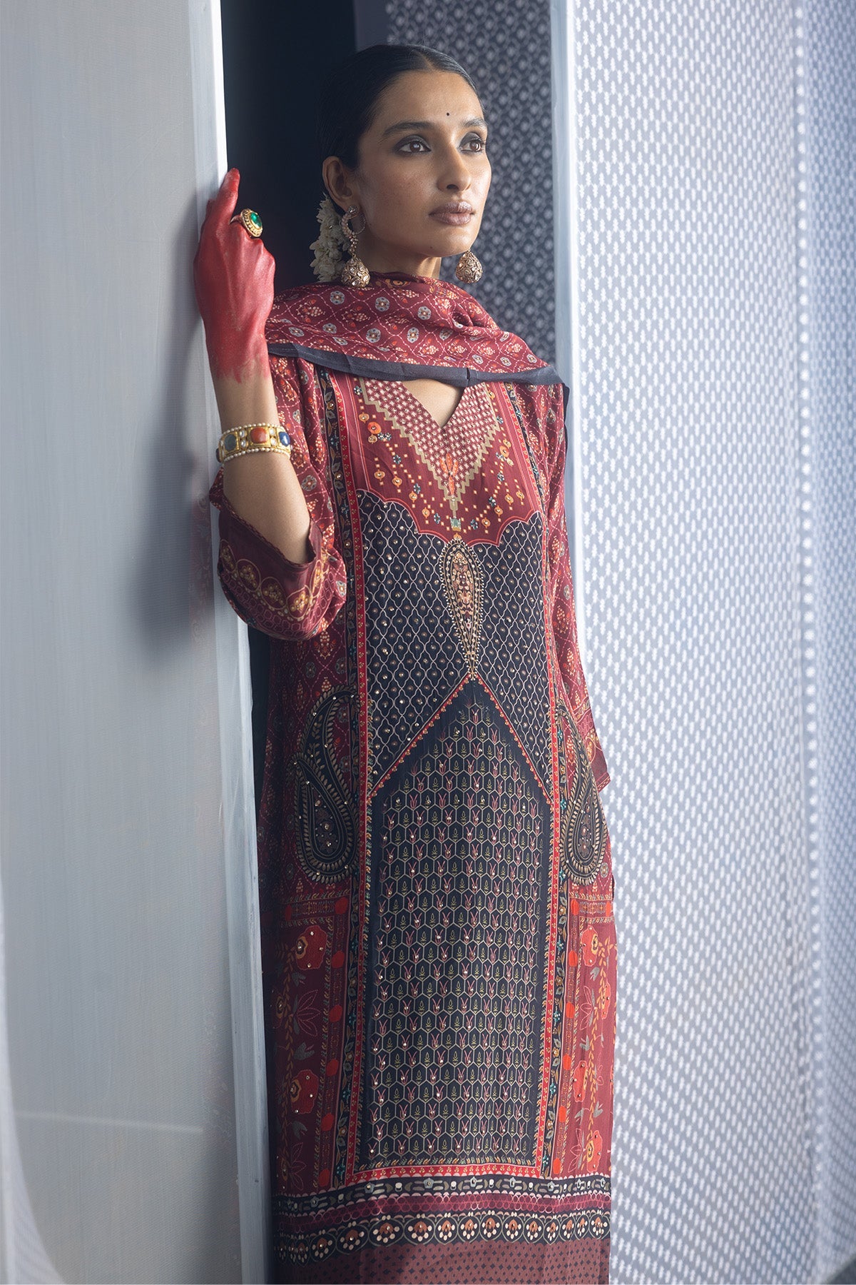 Maroon Embellished Straight Kurta 3 Pcs Set