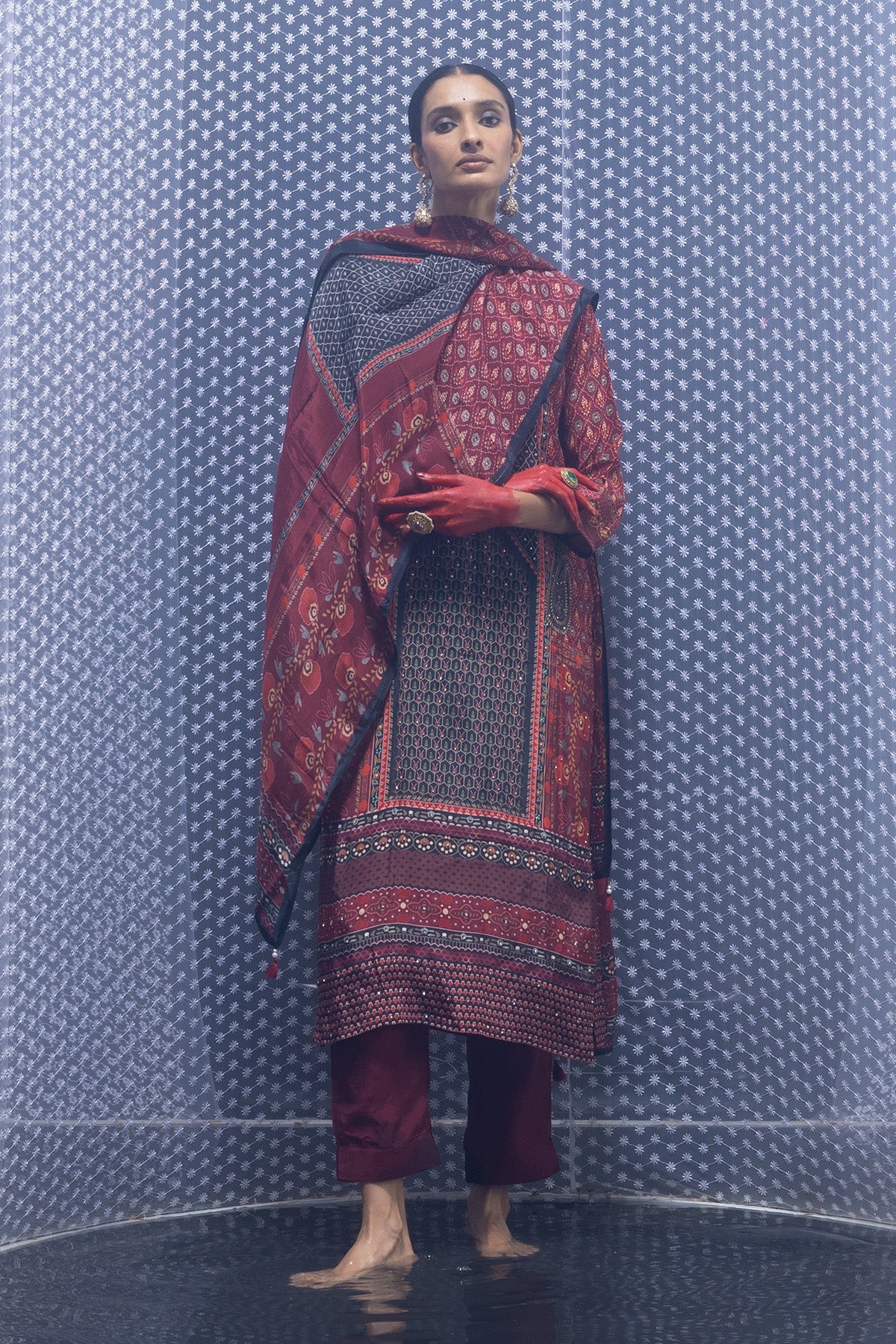 Maroon Embellished Straight Kurta 3 Pcs Set