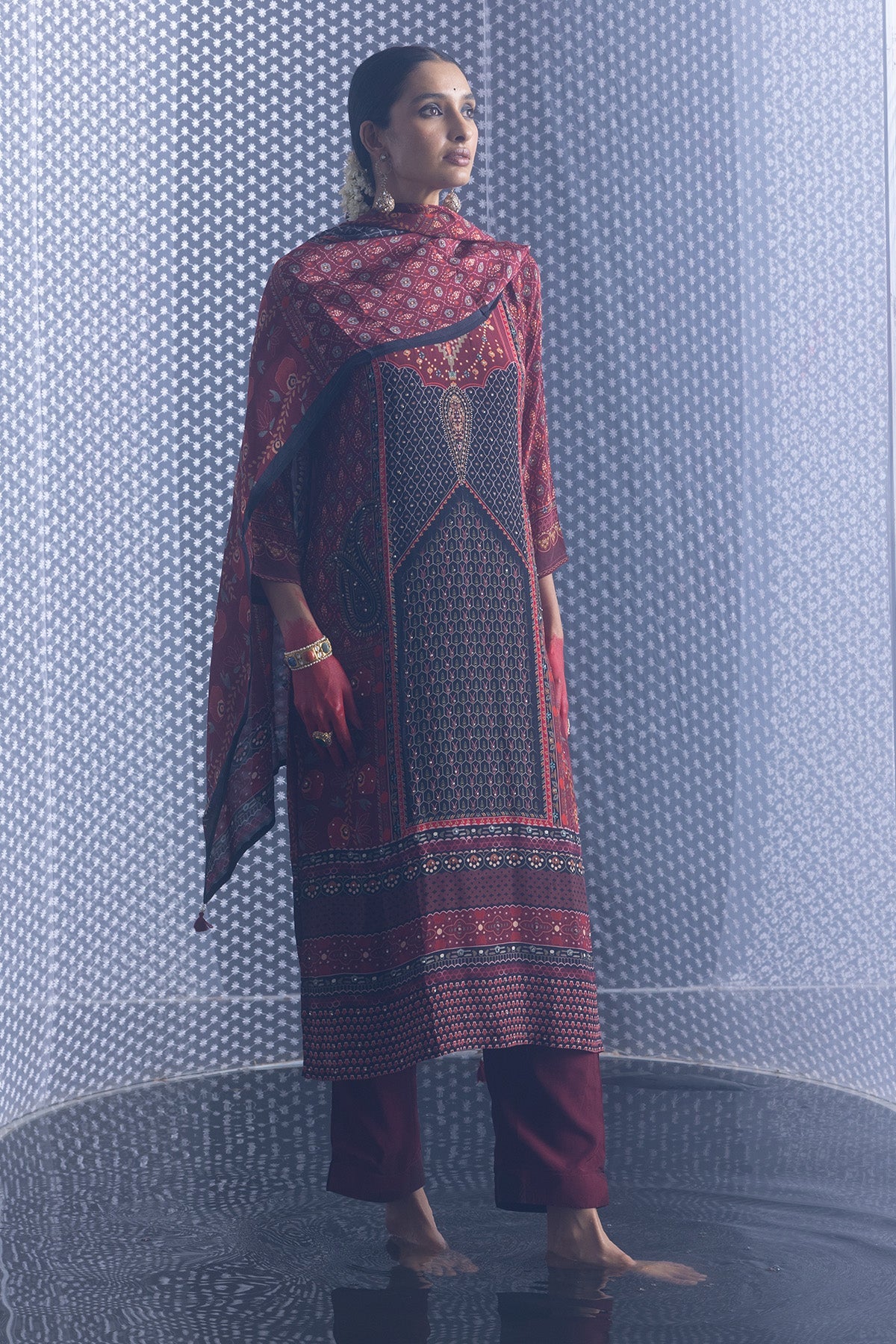 Maroon Embellished Straight Kurta 3 Pcs Set