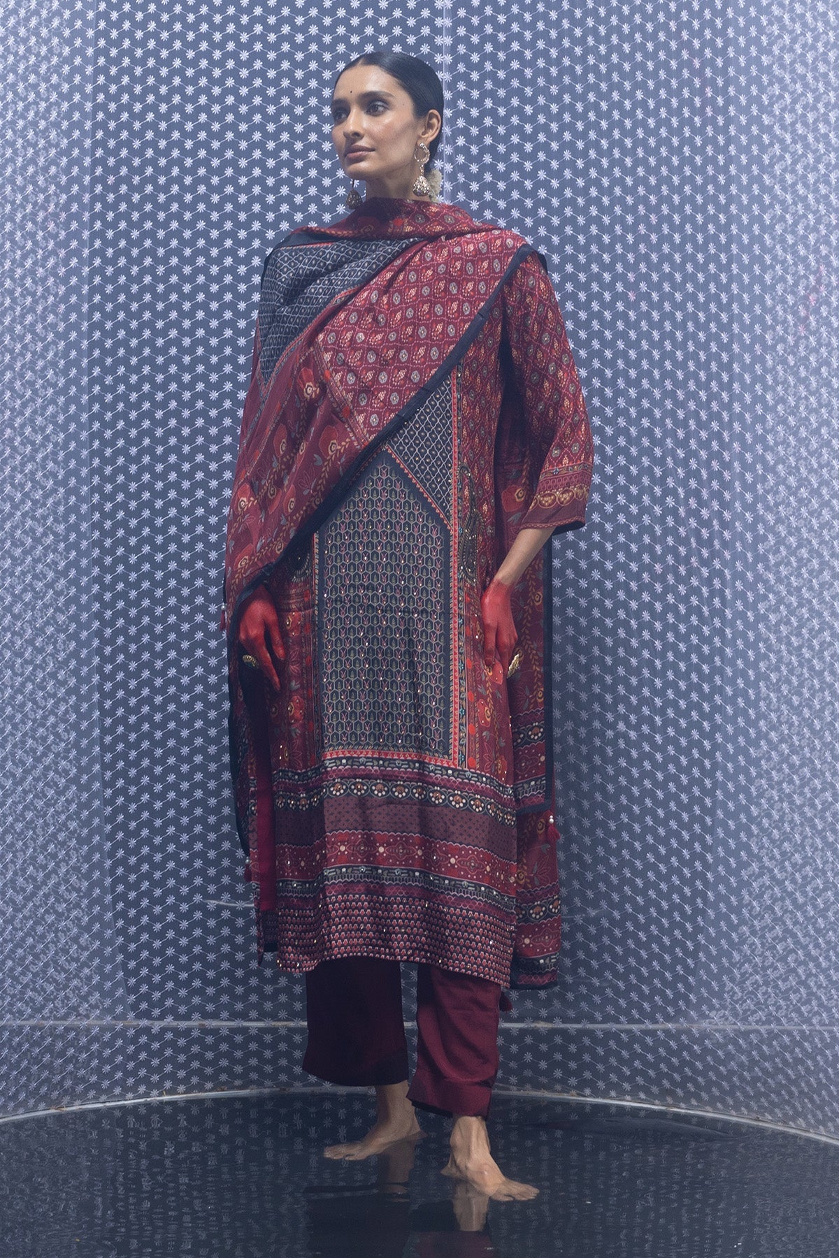 Maroon Embellished Straight Kurta 3 Pcs Set