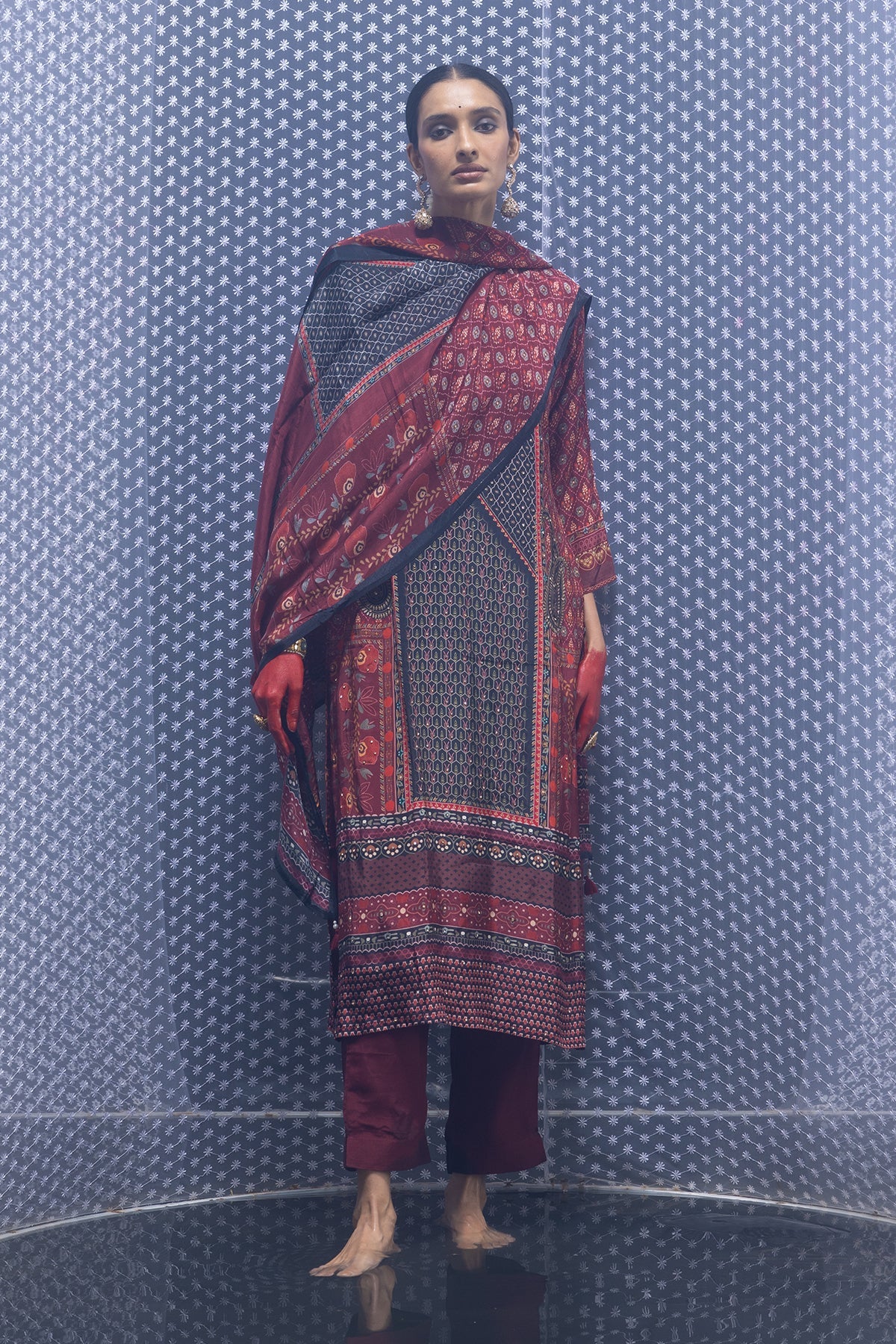 Maroon Embellished Straight Kurta 3 Pcs Set