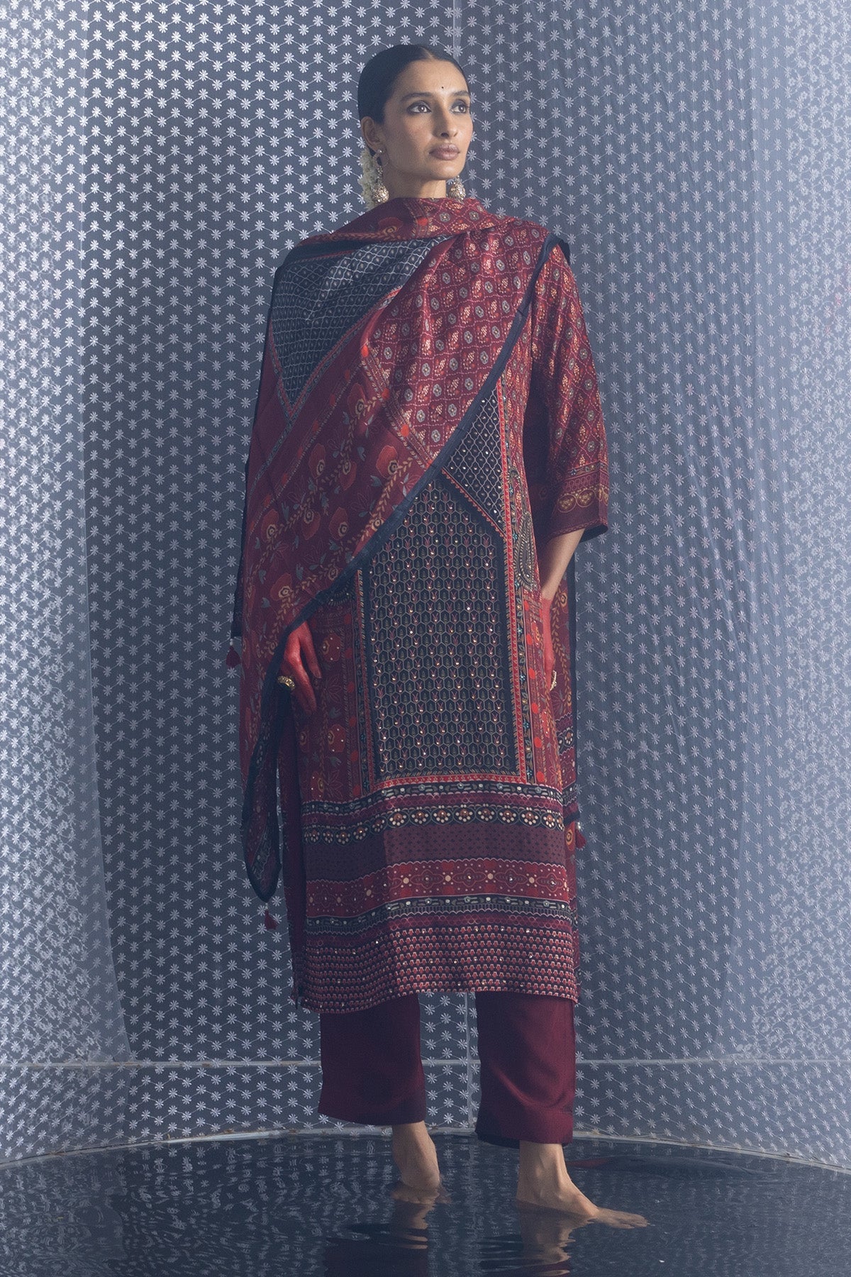 Maroon Embellished Straight Kurta 3 Pcs Set
