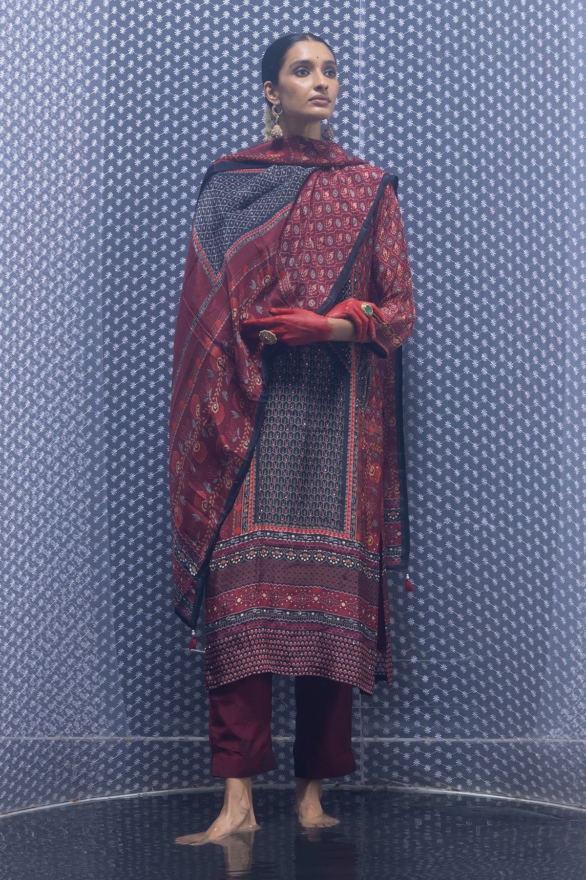 Maroon Embellished Straight Kurta 3 Pcs Set