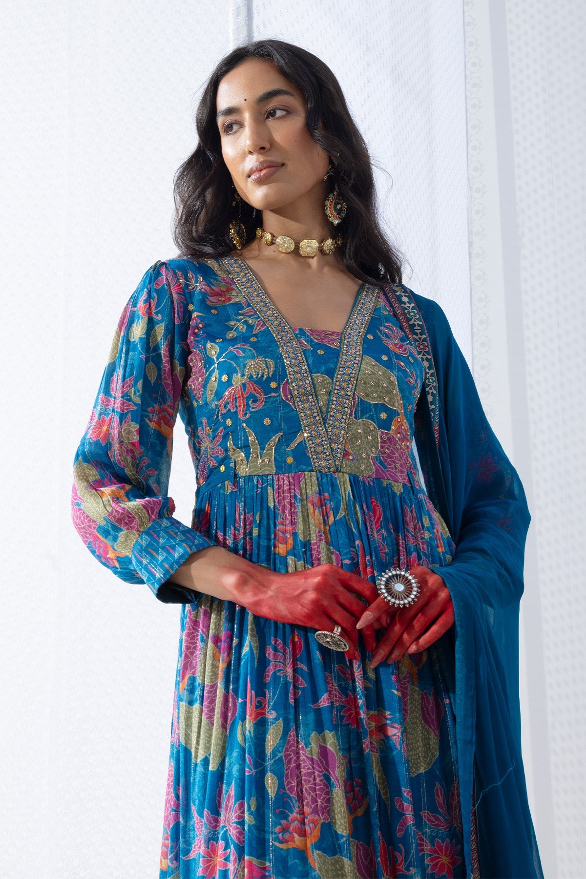 Blue Yoke Printed Dress