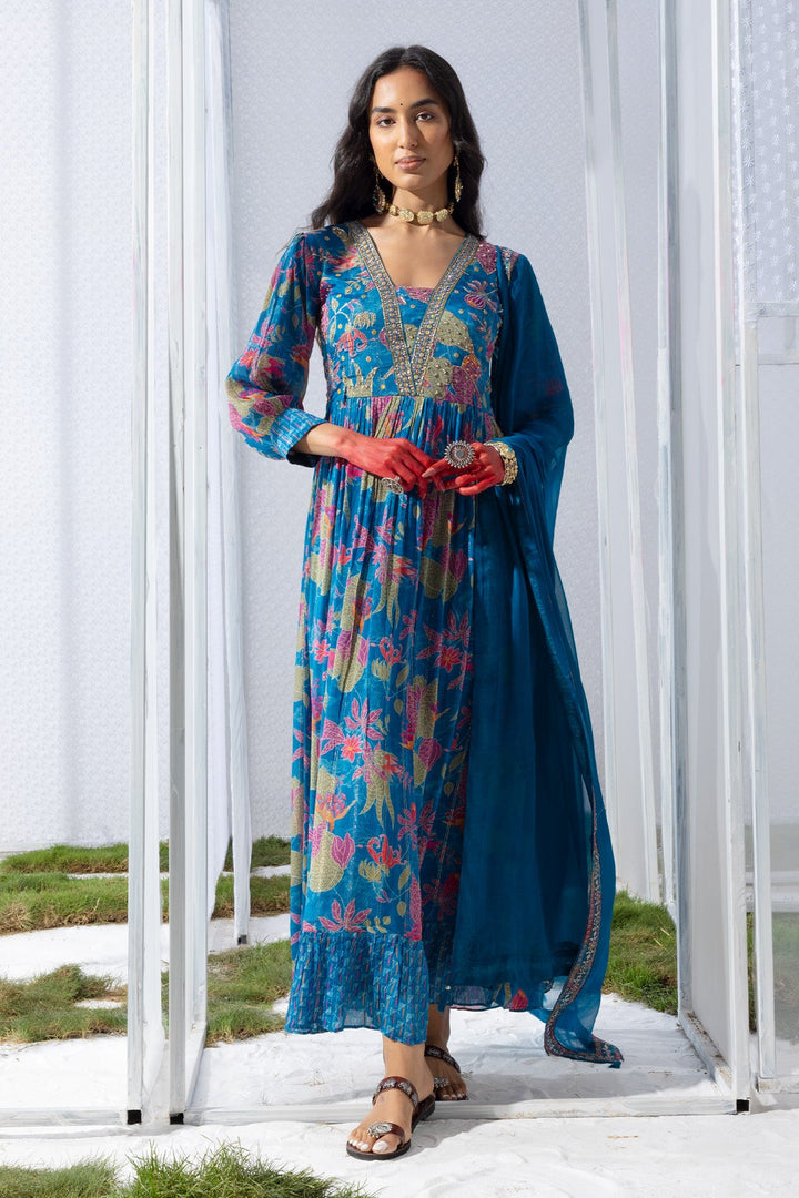 Blue Yoke Printed Dress