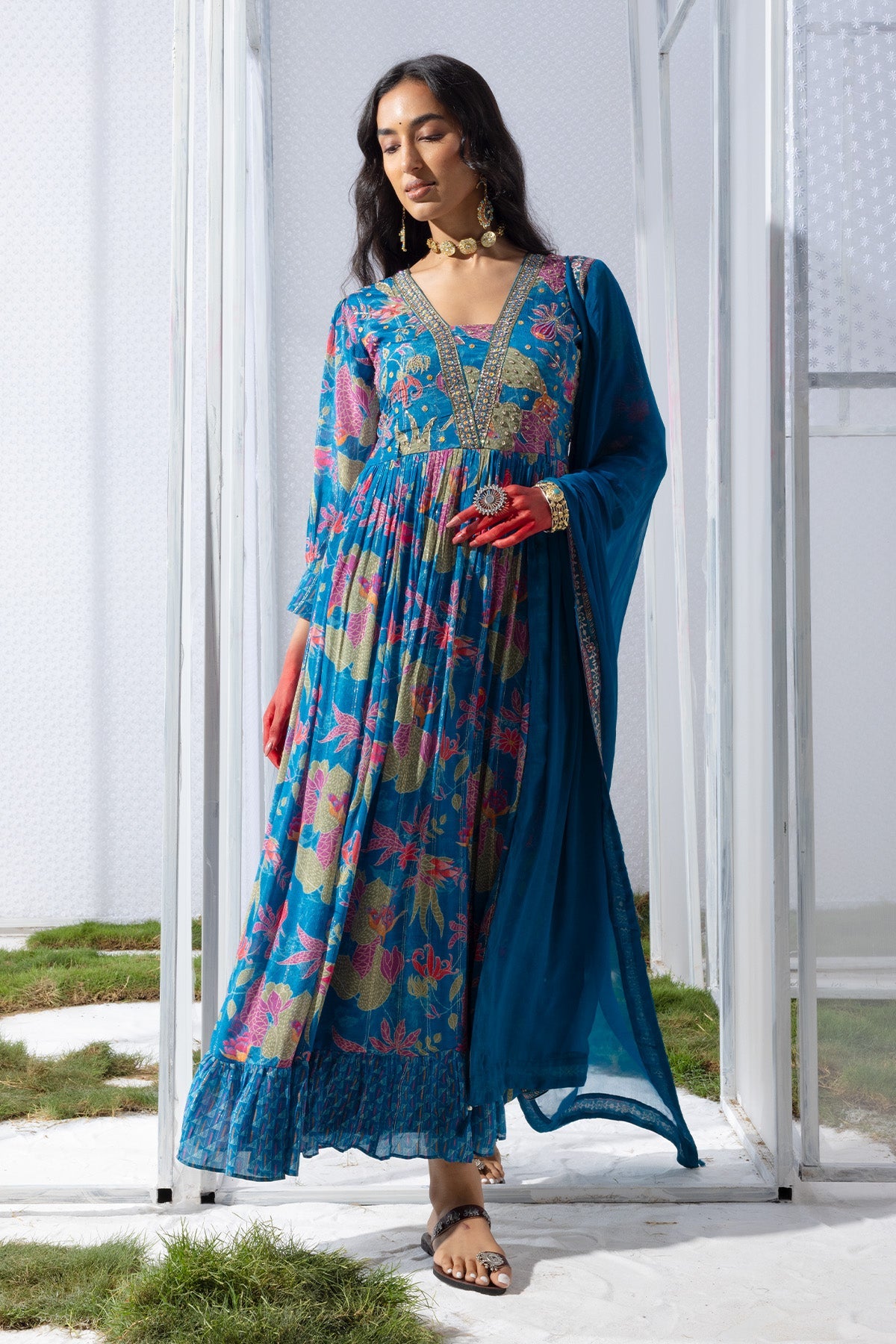 Blue Yoke Printed Dress