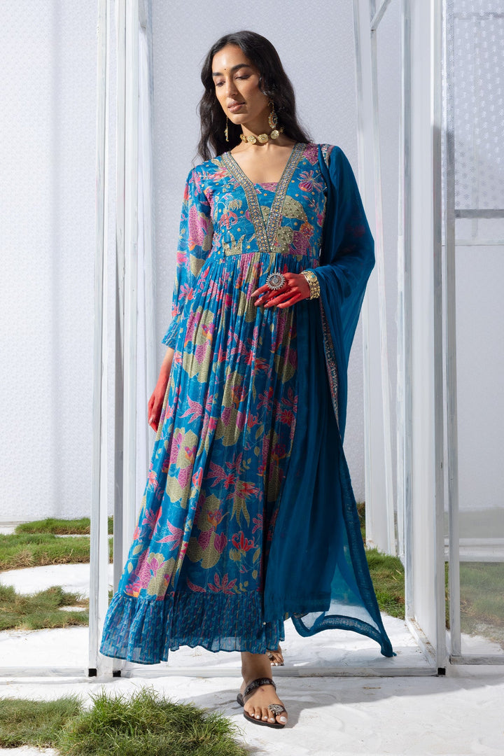 Blue Yoke Printed Dress