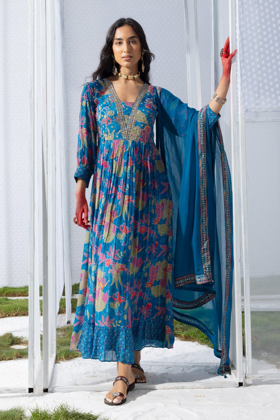 Blue Yoke Printed Dress