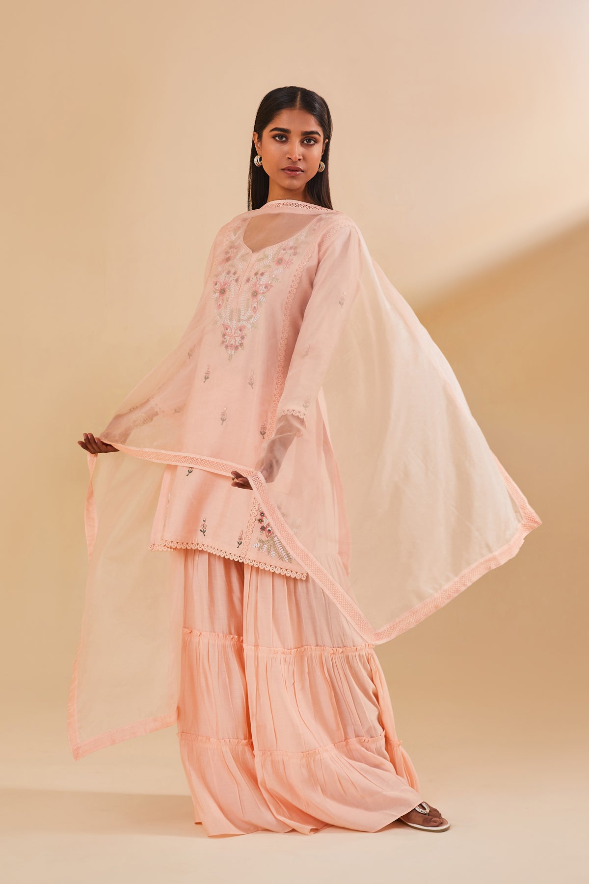 Peach Embroidered Kurta Sharara Set