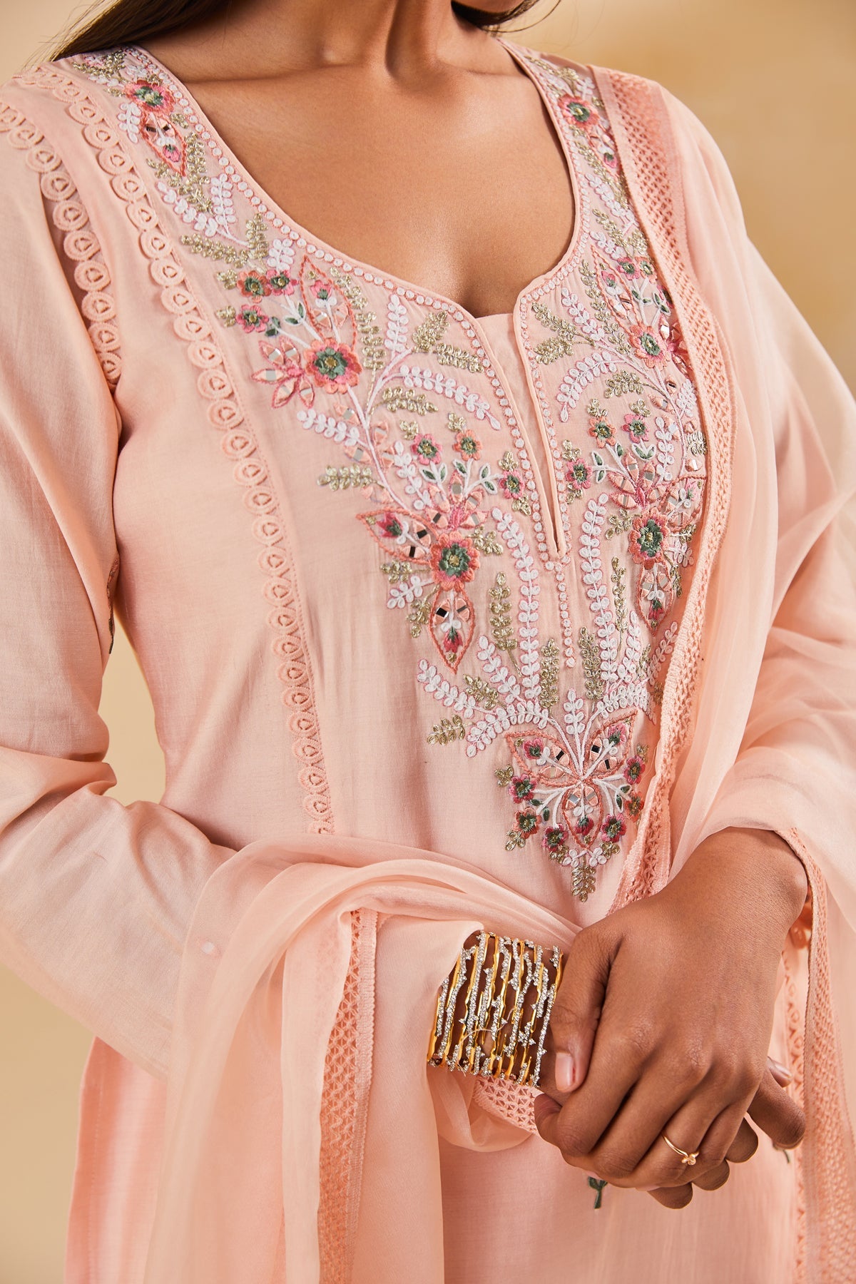 Peach Embroidered Kurta Sharara Set