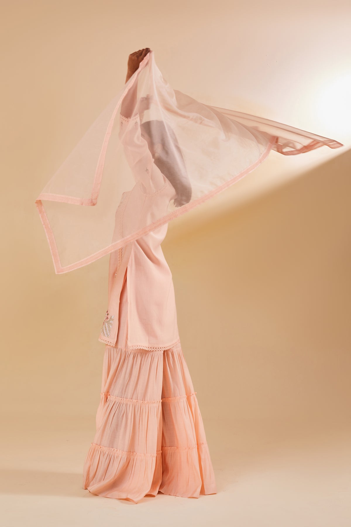 Peach Embroidered Kurta Sharara Set