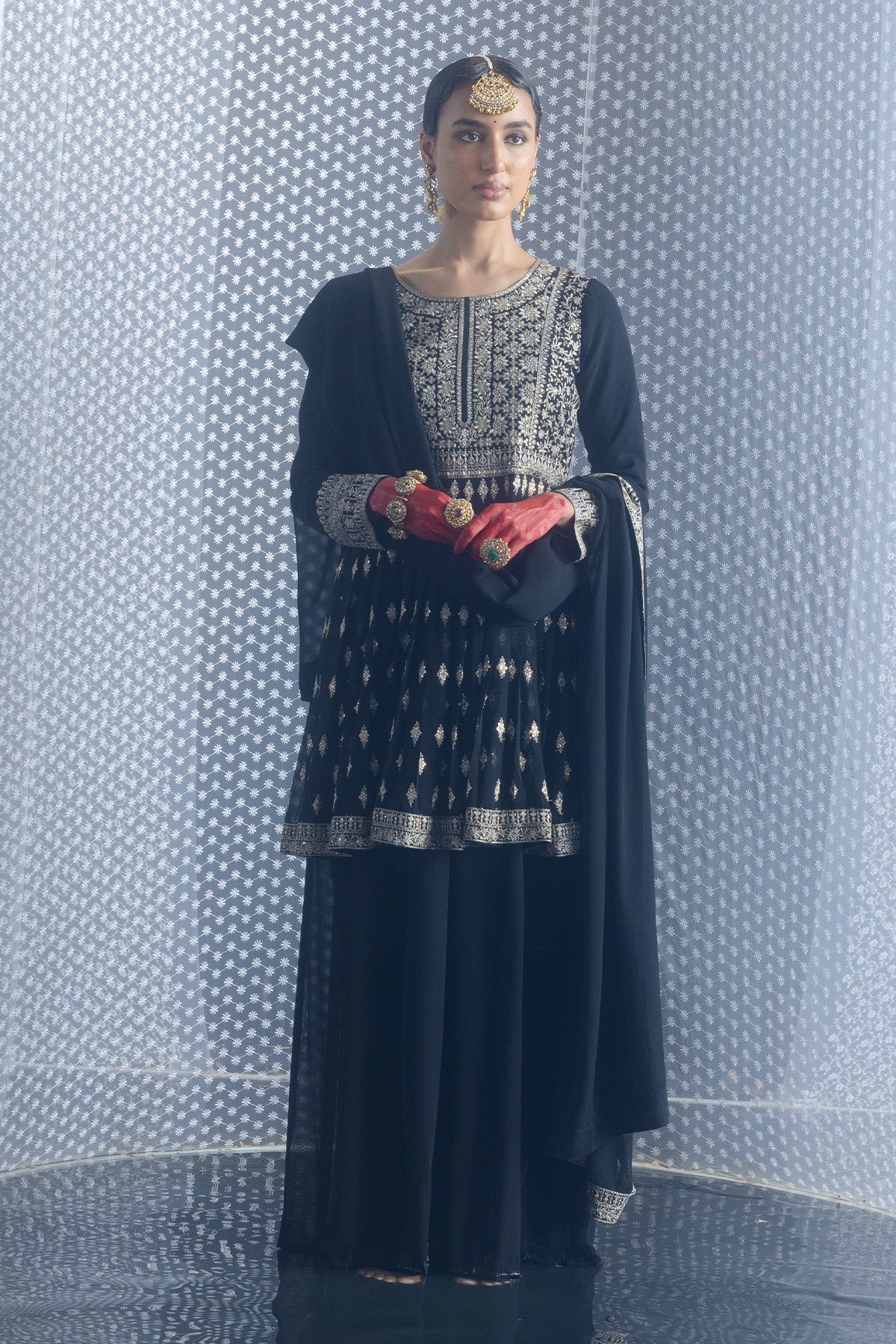 Black Embroidered Flared Kurta 3 Pcs Set